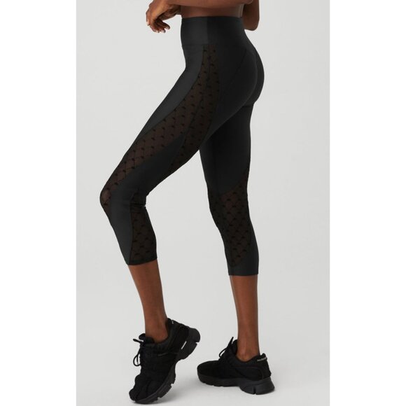 Alo Airlift Mesh High-Waist Celeste Capri Black Sheer Cut-Outs Cutouts Hi-Rise - Picture 5 of 12